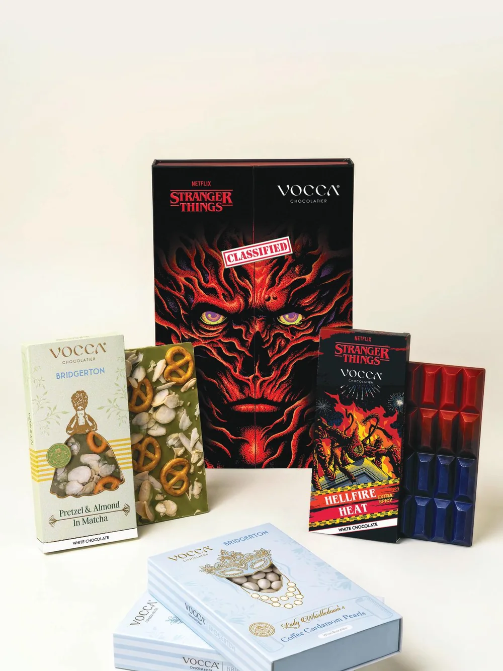 The VOCCA × Netflix collection: Stranger Things and Bridgerton chocolate bars and gift boxes